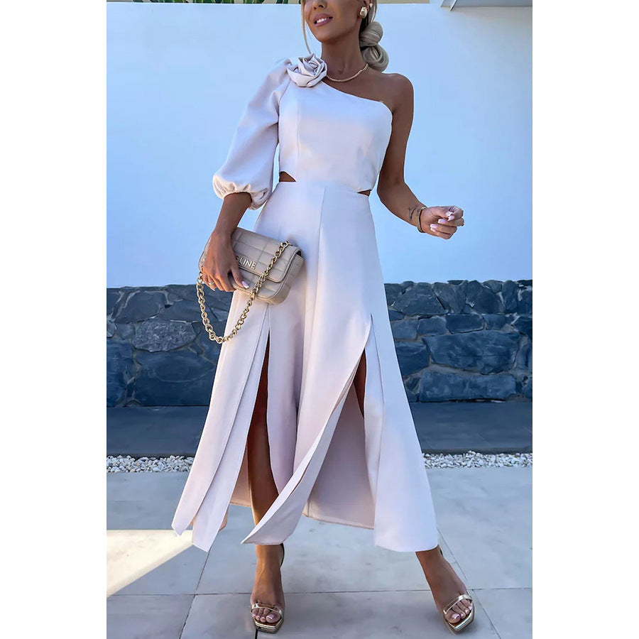 Spring Summer Cross-Shoulder Split Double Layer Dress Casual Party Satin Dress