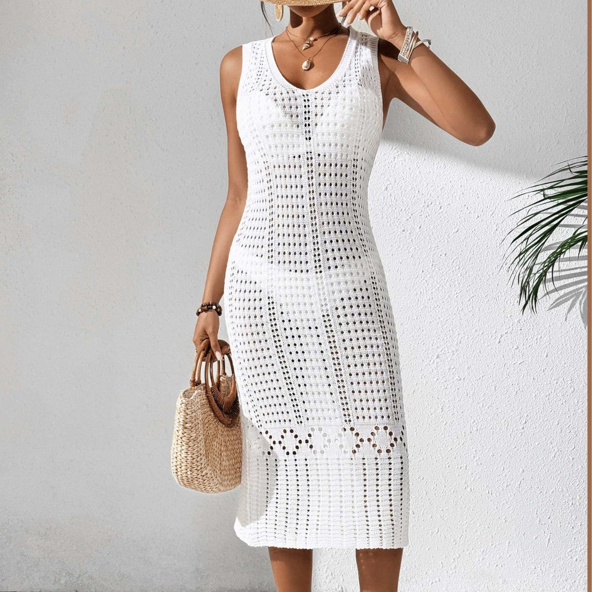 Women Dress Women Sexy Cutout Woven Vest Dress Mid Length Beach Beach Cover Up Dress