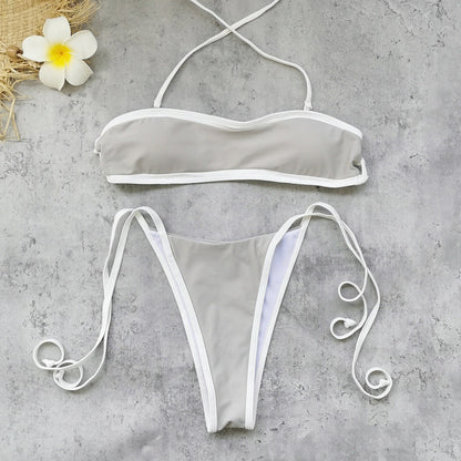 Halter Strap Solid Color Tube Top Low Waist Bikini Sexy Backless Briefs Split Swimsuit Women