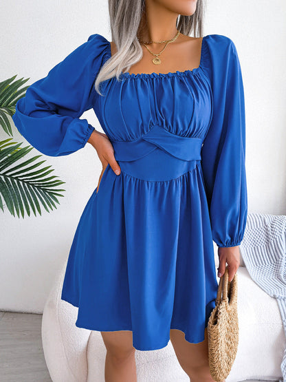 Spring Summer Casual Solid Color Selvedge Square Neck Cinched Large Swing Dress Women Clothing