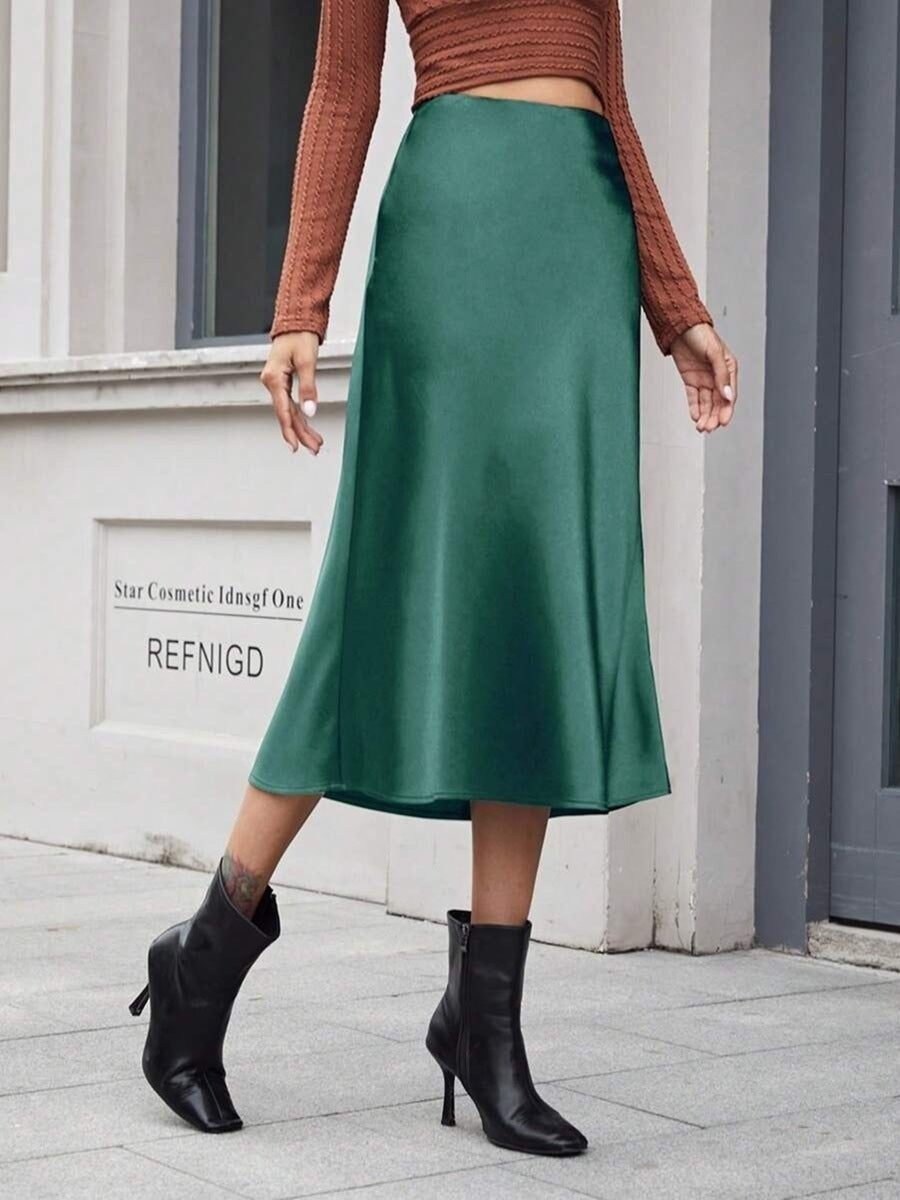 High Waist Satin Skirt Autumn Winter Women Midi Skirt Zipper Satin Skirt