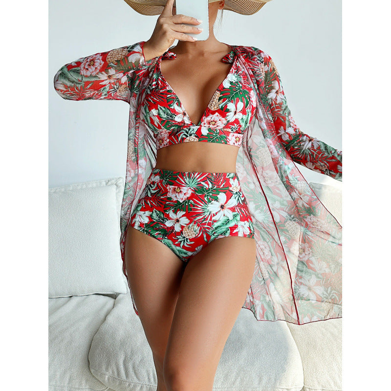 Swimwear Women Split Long Sleeved Blouse Sexy Print Bikini Swimsuit Three Piece Swimsuit