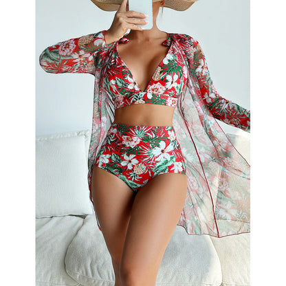 Swimwear Women Split Long Sleeved Blouse Sexy Print Bikini Swimsuit Three Piece Swimsuit