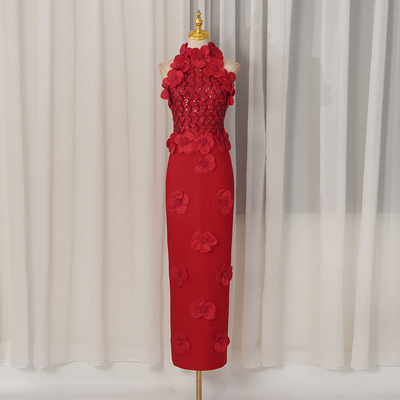 Summer High Grade Sleeveless Sheath Dress Three Dimensional Floral Beaded Slim Slimming Sheath Dress Women