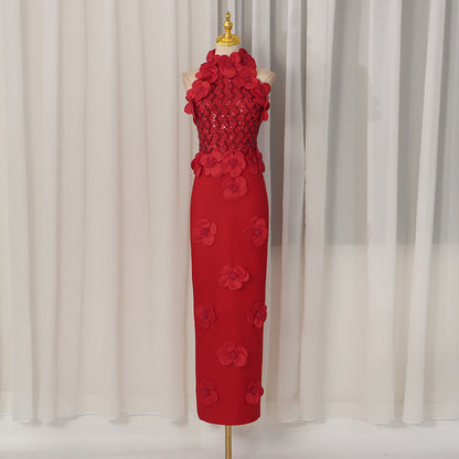 Summer High Grade Sleeveless Sheath Dress Three Dimensional Floral Beaded Slim Slimming Sheath Dress Women