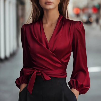 Women Clothing Spring Summer Elegant Satin Blouse for Commuting Shirt