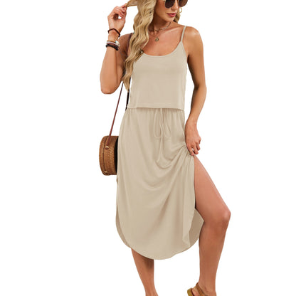 Spring Summer Solid Color U Neck Camisole Drawstring Split Dress