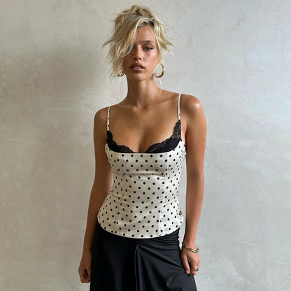 Sexy Elegant Lace Splicing Sling Women French Polka Dot Slim Fit Slimming Fashionable Sweet Spicy Top