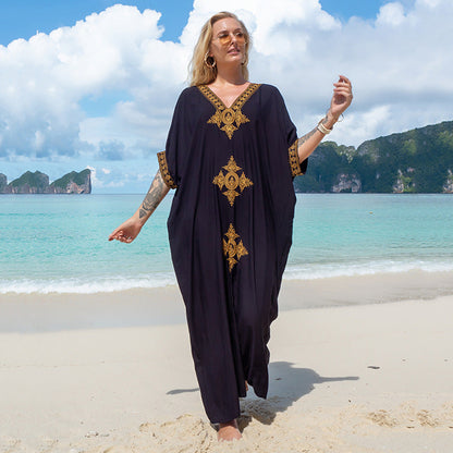 Rayon Black Embroidered Beach Cover-up Maxi Dress Seaside Holiday Dress Swimsuit Sun Protection Clothing Women