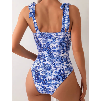 Bikini Siamese Conservative Swimsuit Digital Printed Belly Covered Slimming V Neckline Swimsuit