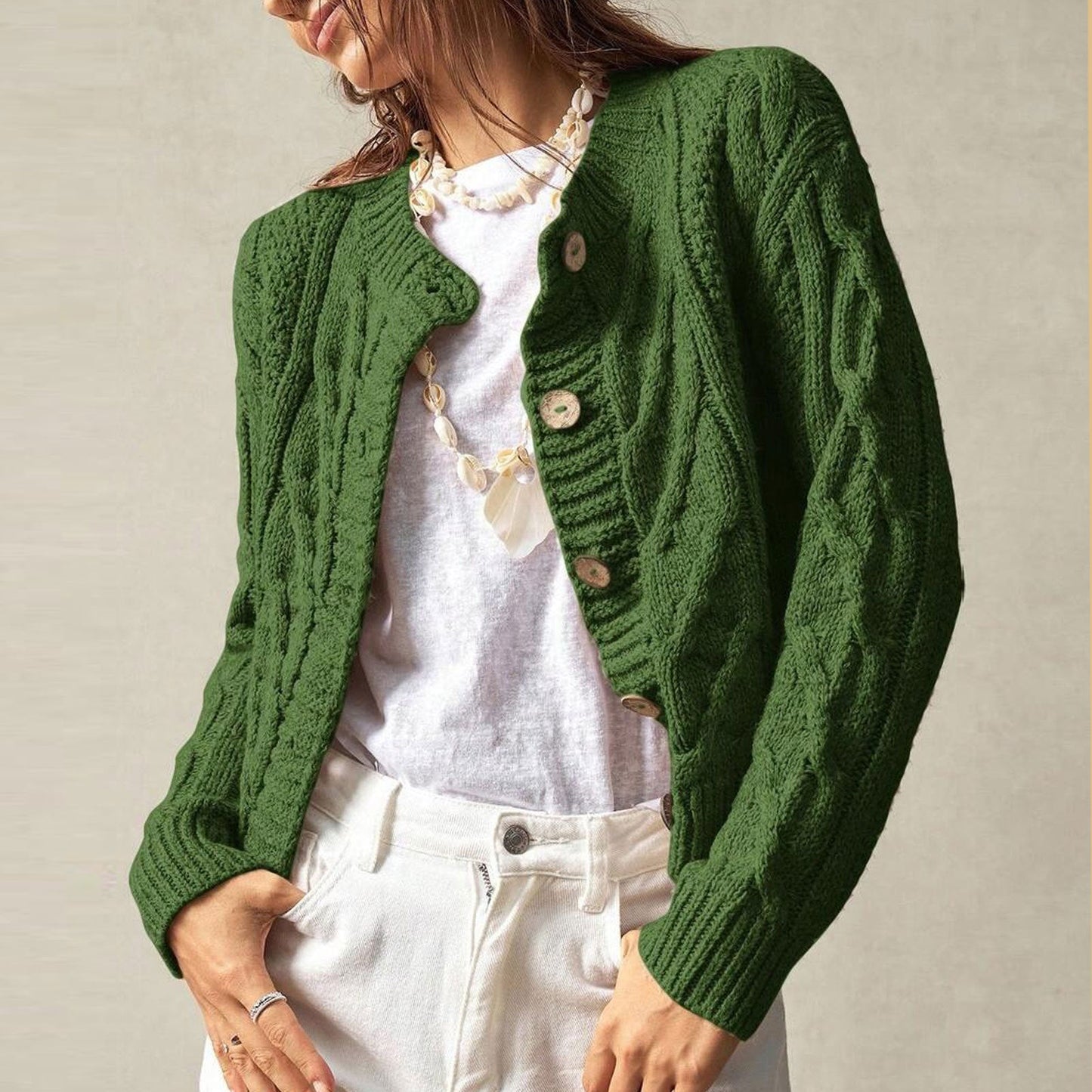 Twist Knitted Cardigan Women round Neck Slim Fit Cropped Sweater Coat Green Autumn Winter