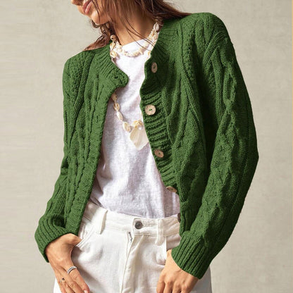 Twist Knitted Cardigan Women round Neck Slim Fit Cropped Sweater Coat Green Autumn Winter