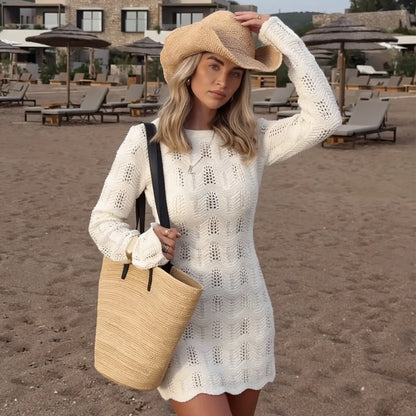 Women Dress Beach Hollowed Backless Long Sleeves Knitted Beach Dress