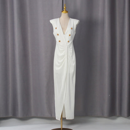 Spring V neck Sleeveless Design Split Dress Tight Waist Slimming Metal Decorative Dress Women