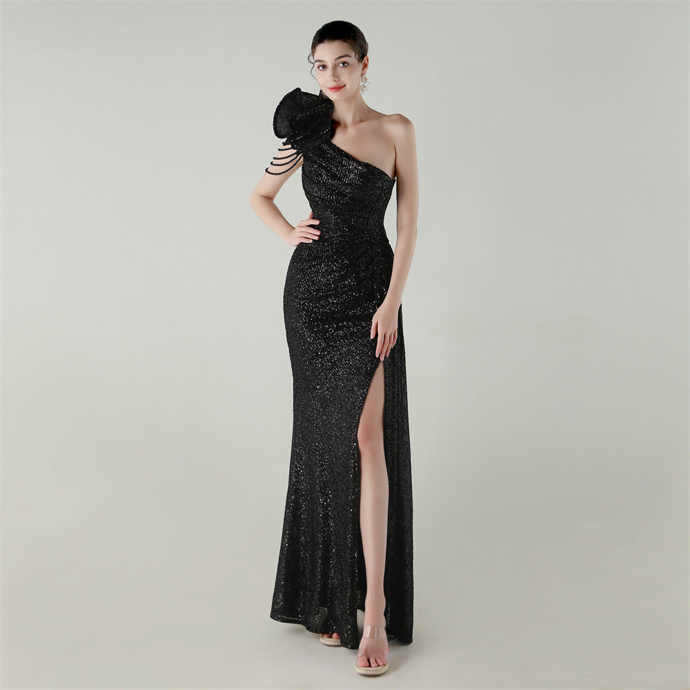 Craft Floral Beaded One Shoulder Diagonal Collar Fishtail Evening Dress Dinner Wedding Awards Ceremony Social Dress