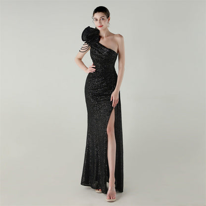 Craft Floral Beaded One Shoulder Diagonal Collar Fishtail Evening Dress Dinner Wedding Awards Ceremony Social Dress
