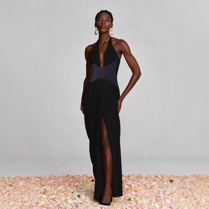 Halter Deep V Plunge Black Dress Denim Drawstring Slim Fit Maxi Drape Party Dress