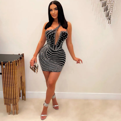 Summer Women Clothing Sexy Tight Oblique Shoulder Nightclub Rhinestone Mini Dress Glitter