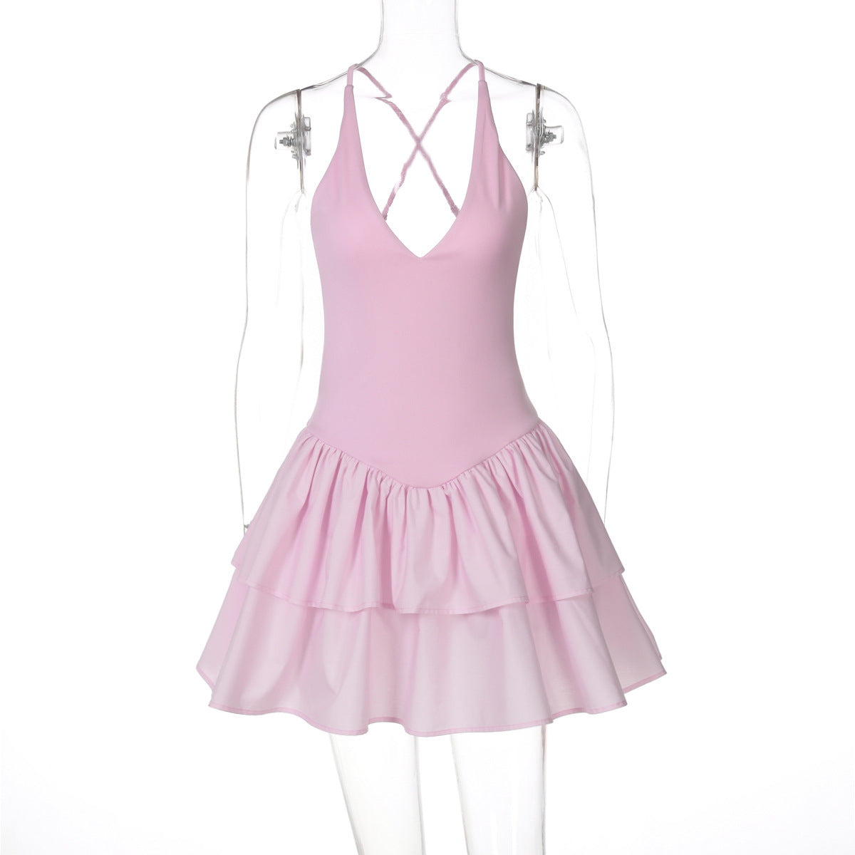 Women Clothing Summer Sexy V neck Halter Backless Splicing Sling Dress