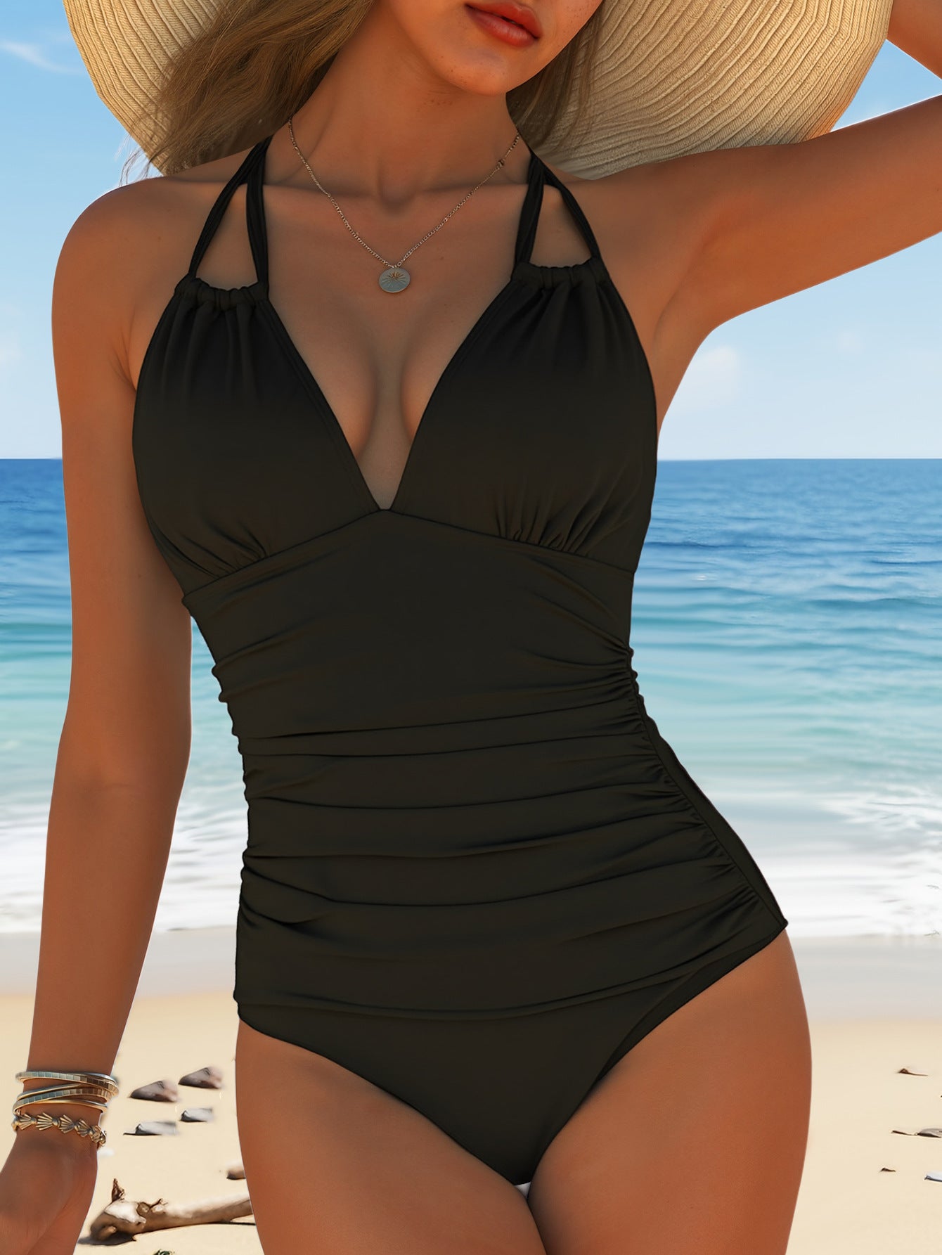 Bikini Solid Color Halter Backless Wrinkle Slimming Sexy Bikini Swimsuit