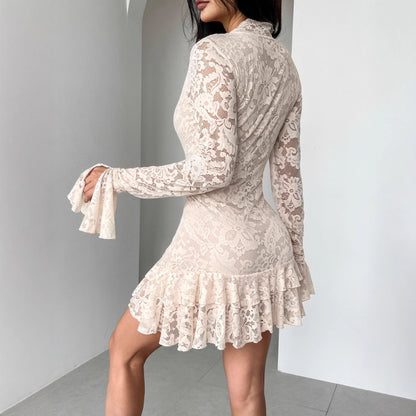 Autumn Winter Lace V neck Double Layer Ruffled Slim Fit Sheath Dress