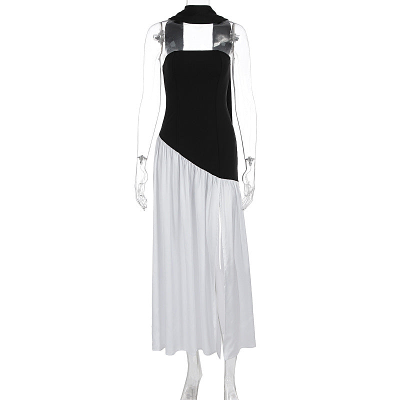 Summer Women Sexy Patchwork Backless Tube Top Solid Color Split Dress