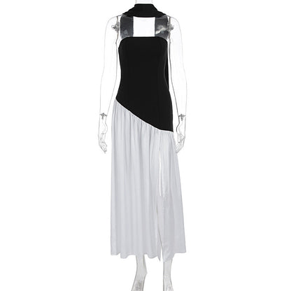 Summer Women Sexy Patchwork Backless Tube Top Solid Color Split Dress