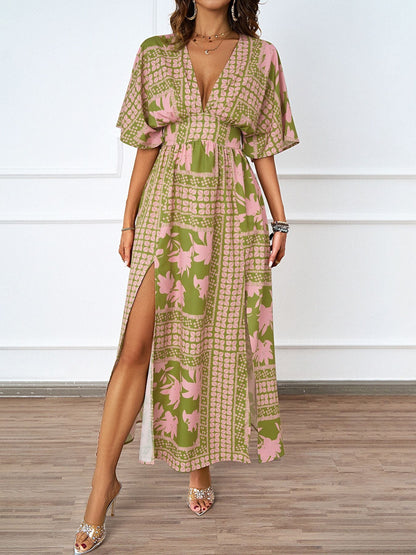 Summer Sexy V neck Short Sleeve Waist Controlled Printed Dress for Women