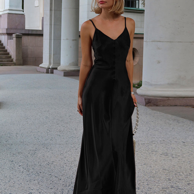 Fall Maxi Dress Socialite Sexy V neck Backless Satin Strap Dress