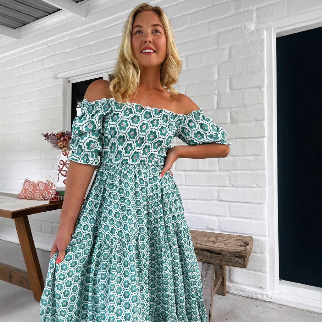 Women Clothing Printed Puff Sleeve Large Swing Dress