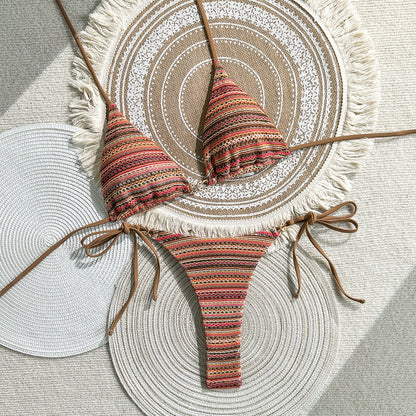 Striped Contrast Color Beach Vacation Split Swimsuit Sexy Bikini