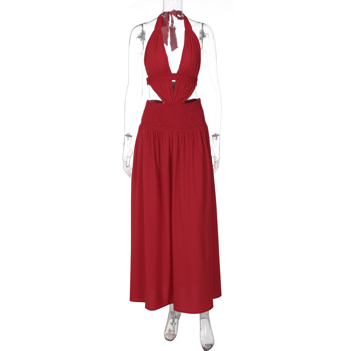 Large Swing Dress Summer Lace up Halterneck Backless Sexy Lace Patchwork Dress