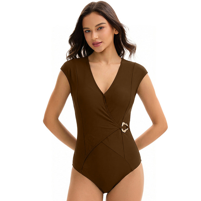 Sexy Swimsuit Women Triangle One Piece Solid Color Backless Conservative Swimwear