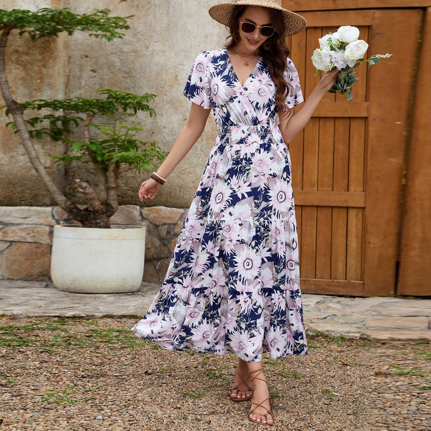 Real Shot Spring Summer Rayon Short Sleeve V neck Slim Fit Figure Flattering Maxi Dress Vacation Dress