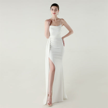 Camisole Tube Top Satin Pleated Fishtail High Slit Evening Dress Elegant Slim Dress for Dinner Ceremony