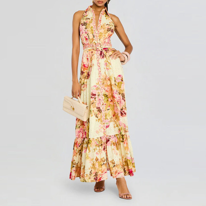Retro Elegance Floral Printed Dress Summer Waist Slimming Sleeveless Lace up Dress