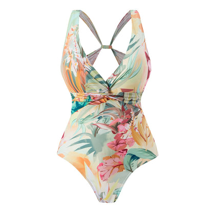 One Piece Swimsuit Women Conservatively Thin Vintage Printed Hard Bag Swimsuit with Steel Bracket Tulle Skirt