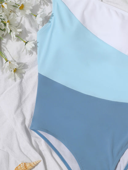 One-Shoulder Color Matching Sexy High Waist One-Piece Bikini Swimsuit Swimwear Women
