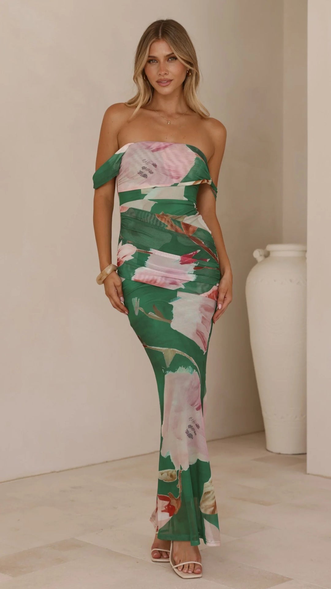 Summer Slim Fit Printed off Shoulder Sheath Sexy Net Yarn Mid Length Dress