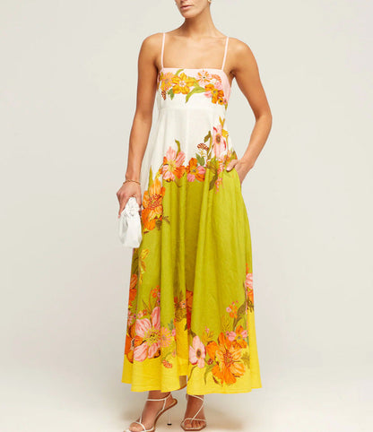 Dress Women Clothing Spaghetti Strap Floral Print Linen 9 Color Large Swing Dress