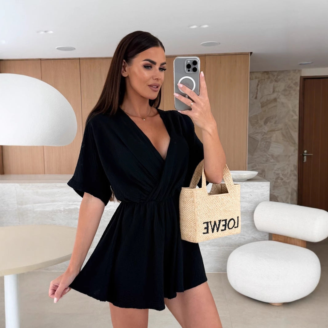 Summer V neck Waist Controlled Solid Color Shorts Jumpsuit for Women