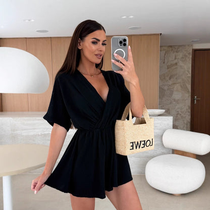Summer V neck Waist Controlled Solid Color Shorts Jumpsuit for Women