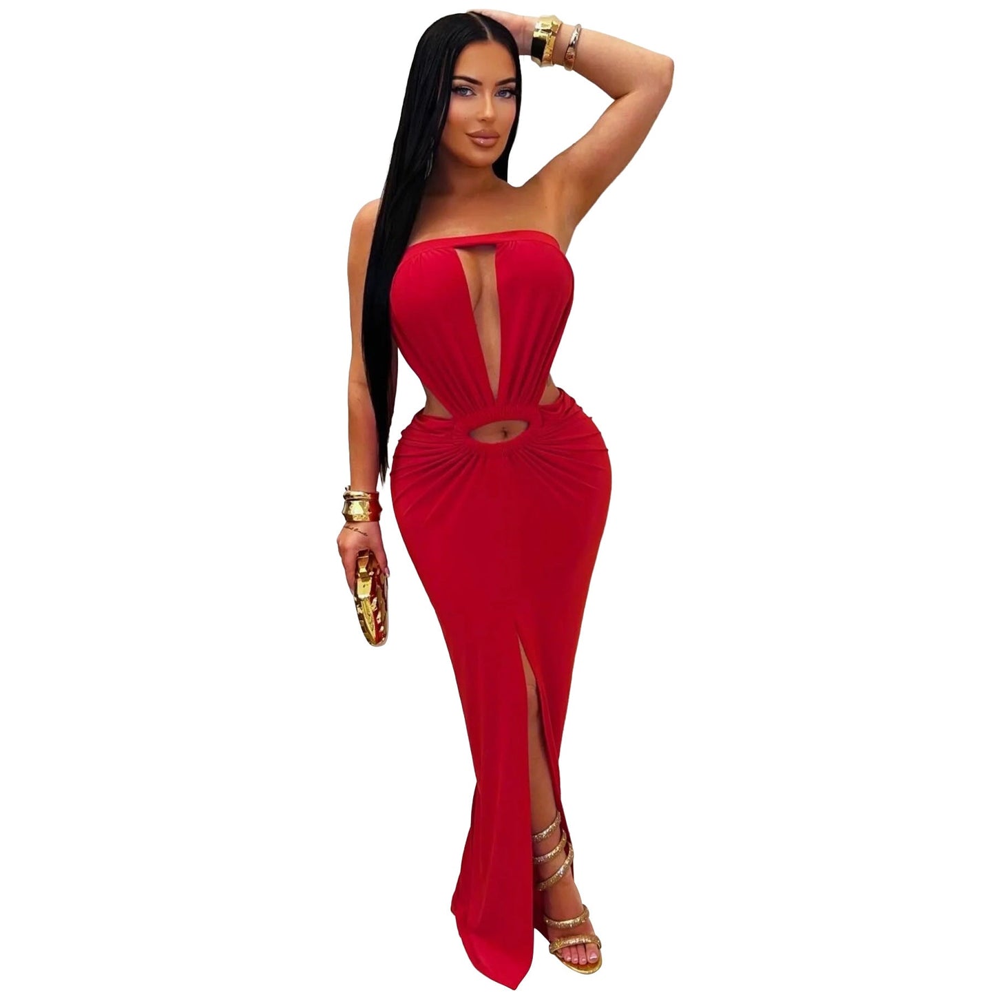Women Wear Solid Color Backless Sexy Slit Tube Top Dress