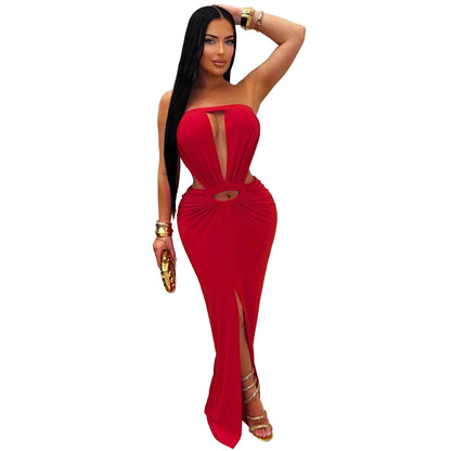 Women Wear Solid Color Backless Sexy Slit Tube Top Dress