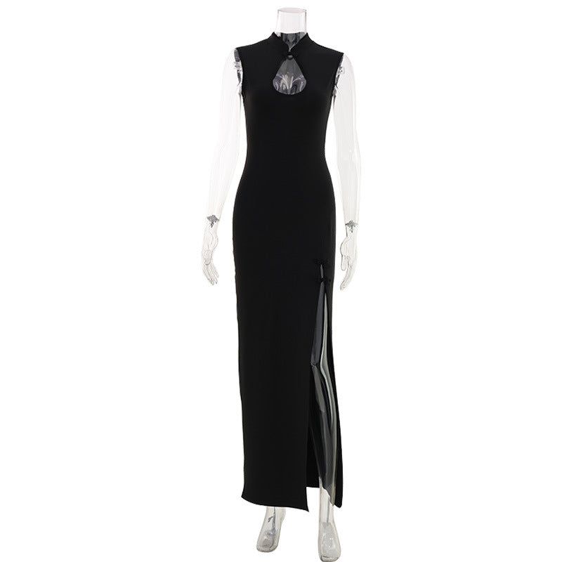 Sexy Adult Lady like Woman Clothing Solid Color Cheongsam Button Hollow Out Cutout Sleeveless Slim Vest Dress High Slit Maxi Dress