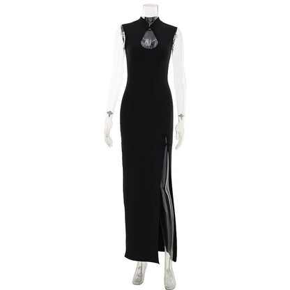 Sexy Adult Lady like Woman Clothing Solid Color Cheongsam Button Hollow Out Cutout Sleeveless Slim Vest Dress High Slit Maxi Dress