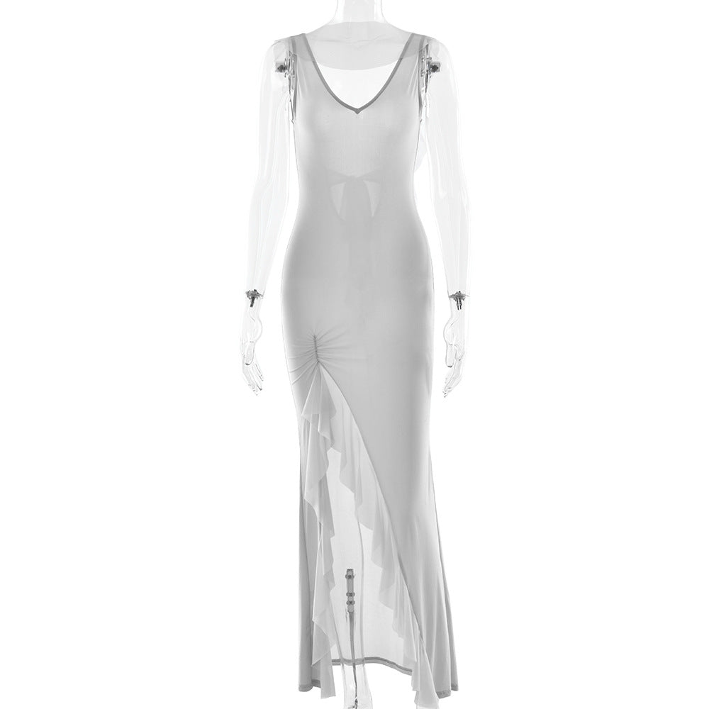 Summer Elegant Ribbon Women Dress Sexy Backless High Slit Ruffled Slim Dress
