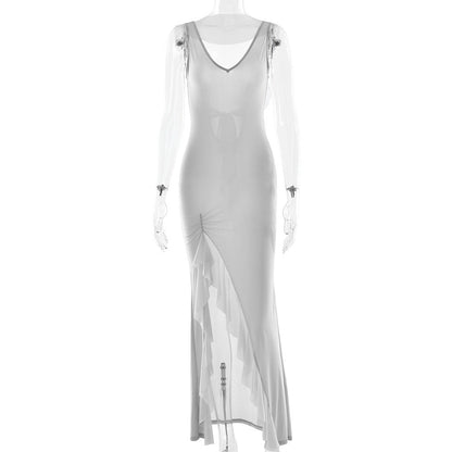 Summer Elegant Ribbon Women Dress Sexy Backless High Slit Ruffled Slim Dress