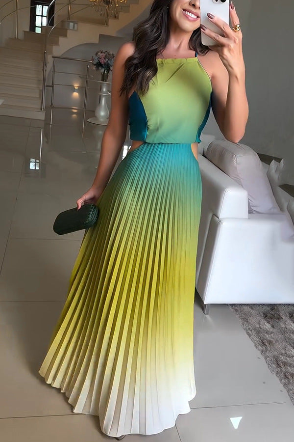 Sleeveless Pleated Backless Gradient Color Dress