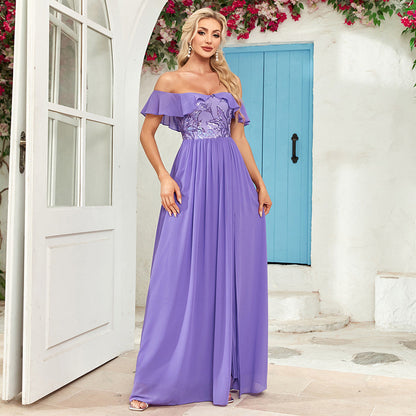 Bandeau One Shoulder Sequin Stitching Back Zipper Bow Side Slit Long Party Evening Dress